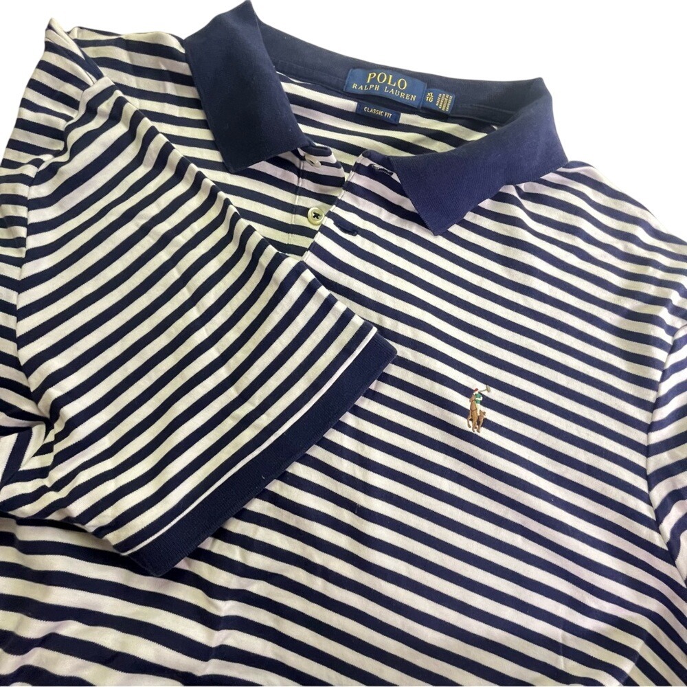 Ralph Lauren Men's XL Navy and White Striped Short Sleeved Polo Shirt